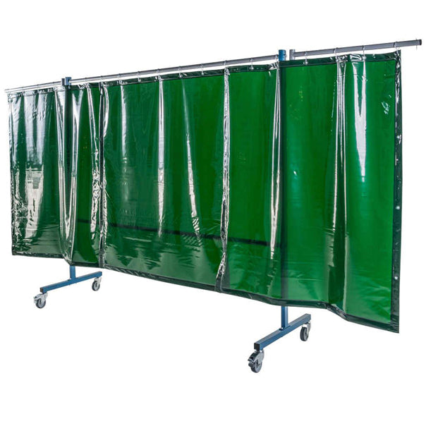 Écran mobile d'atelier 3 volets avec 3 rideaux vert teinte 6 suspendus - DIN EN ISO 25980 - Le kit - Le Comptoir du Soudeur