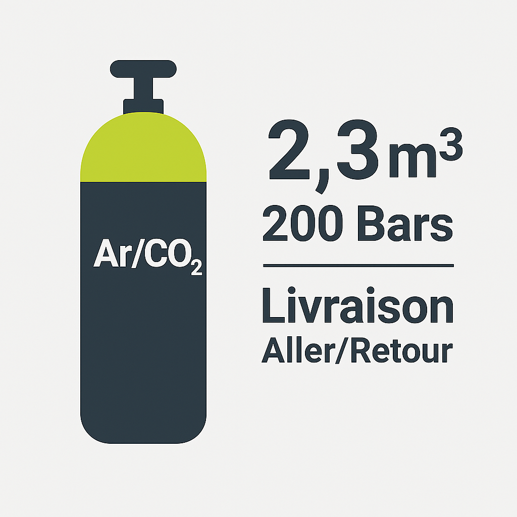Recharge Gaz ARGON / CO? – 15 % – 2,3 m³ – 200 BARS – Taille B10