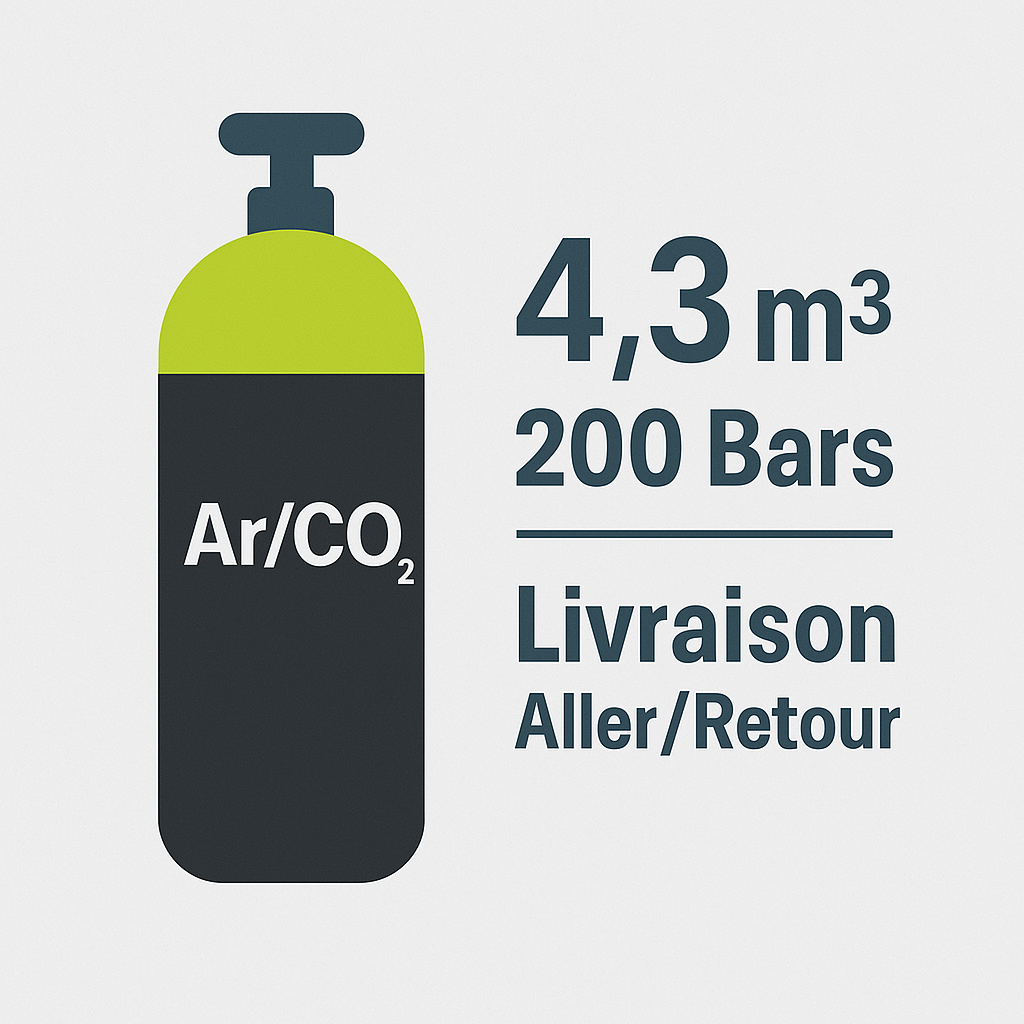 Recharge Gaz ARGON / CO? – 15 % – 4,3 m³ – 200 BARS – Taille B20