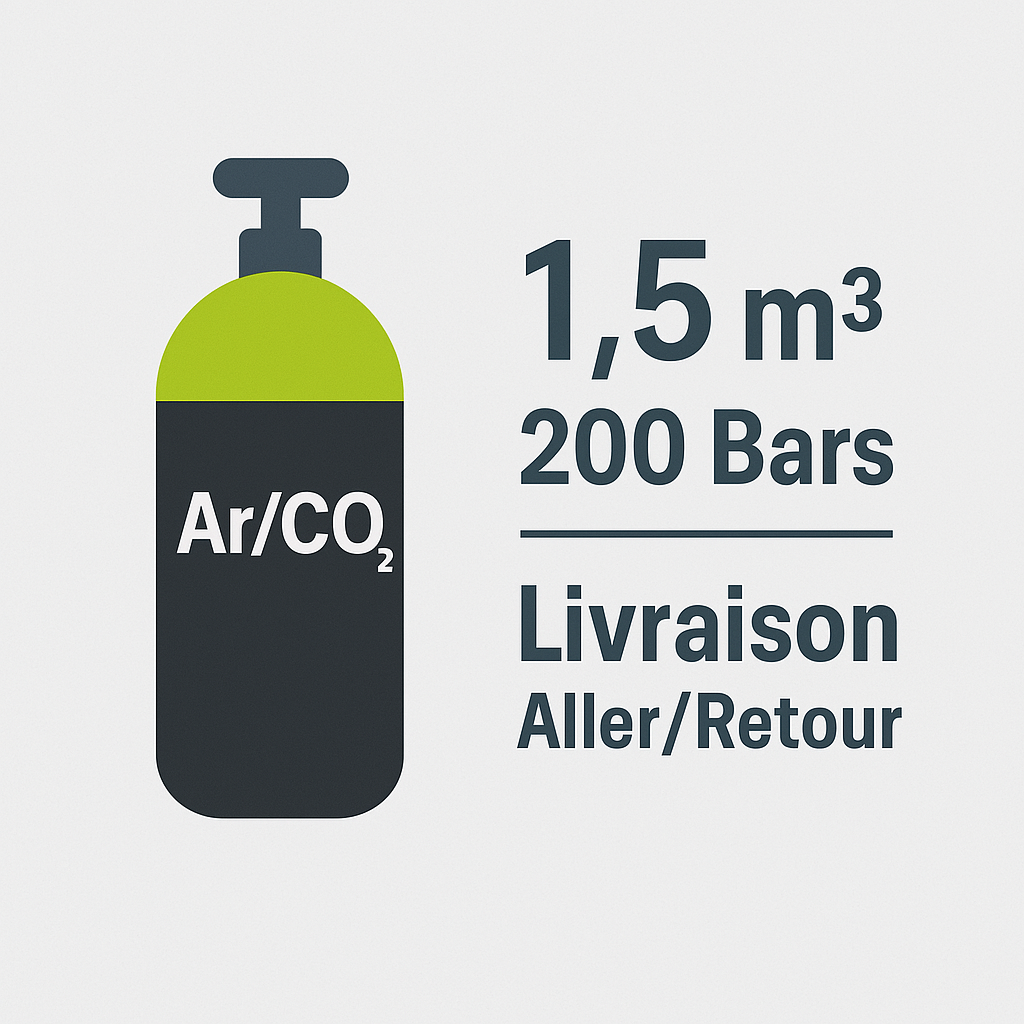 Recharge Gaz ARGON / CO? – 15 % – 1,5 m³ – 200 BARS – Taille B8